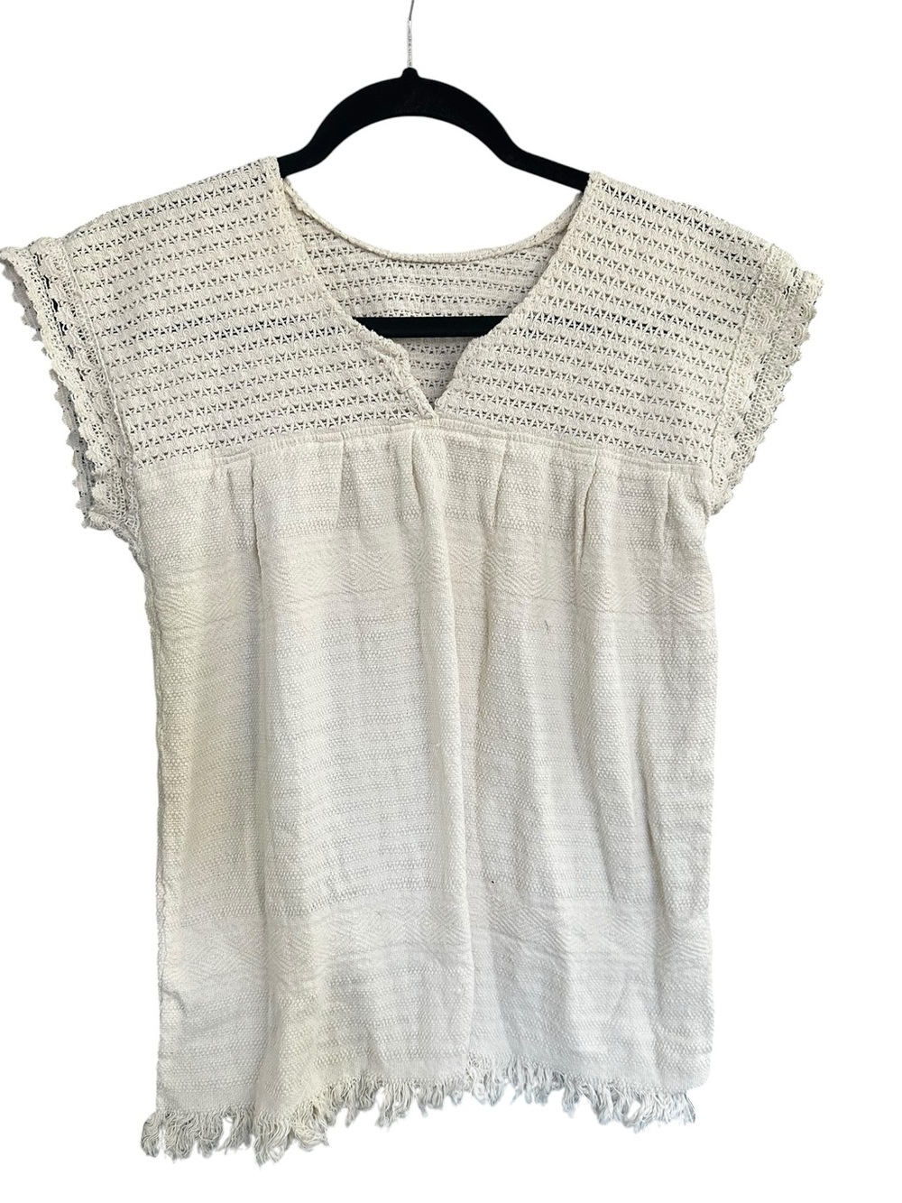 Cotton Crochet Yoke Fringe Tunic Top in Cream